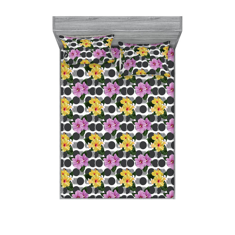Ambesonne Fitted Sheet & Sham Hawaii Hibiscus Blooms Retro Pale Purple Mustard and Grey