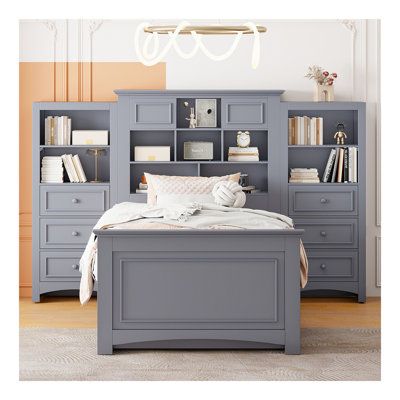 Lit plateforme simple en bois avec armoire verticale tout-en-un et 4 tiroirs de chaque côté, gris