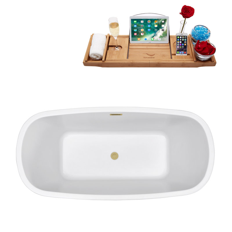 Baignoire de trempage autoportante 59 "avec drain et plateau en bambou 59" Streamline, Laiton brossé