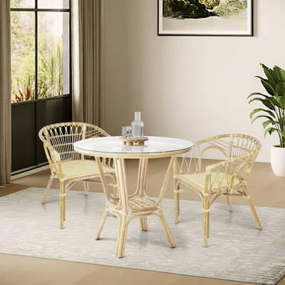 Ensemble de salle à manger d'intérieur en rotin et osier pour 2, table ronde en verre de style tropical avec 2 chaises Nevada, mobilier de cuisine bohémien rétro, couleur naturelle