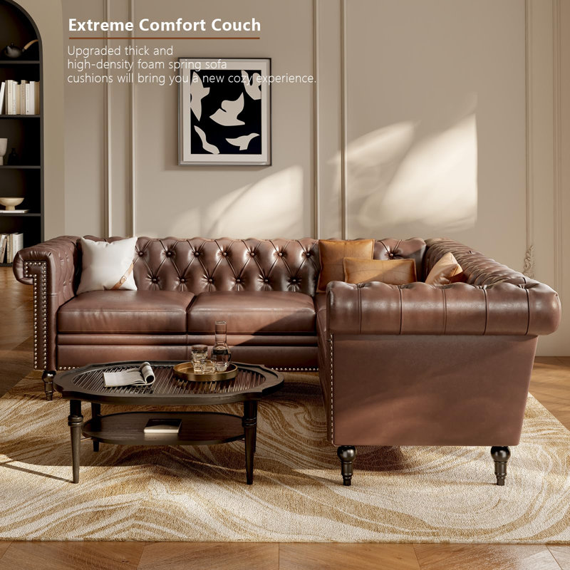 5 Seat Sectional Sofa Couch For Living Room, L Shaped Reversible Modern Chesterfield Sofa With Rolled Arms And Nailhead, Tufted Couch For Small Or Large Space