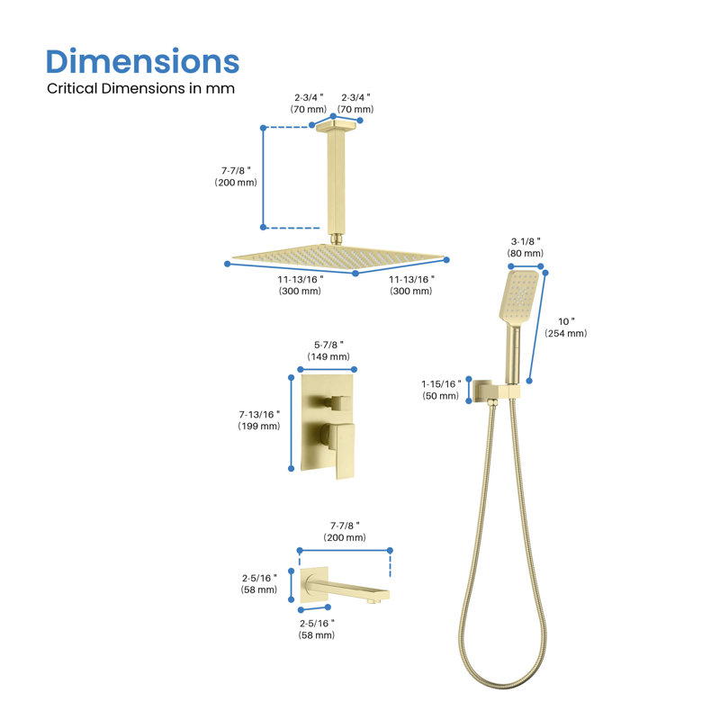 Système de douche cubique à pression équilibrée à 3 fonctions avec valve brute, Or brossé