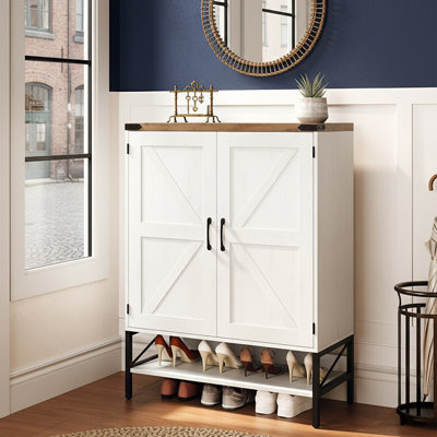 2-Door Barn Door Shoe Cabinet Iron Legs Distressed White Retro Brown Top 31.6 Inch