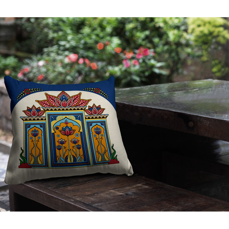 Coussin intérieur / extérieur Kimaya Lotus Arch, Bleu / rouge / orange / jaune, Carré 19 po