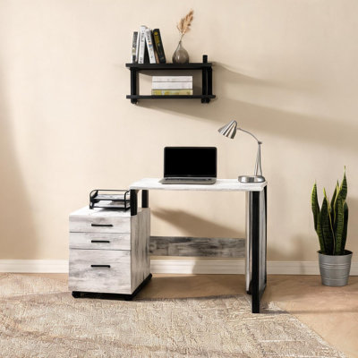 Bureau d'écriture en L blanc antique avec tablette à niveaux, finition blanc classique noir, 32 po x 39 po x 34 po
