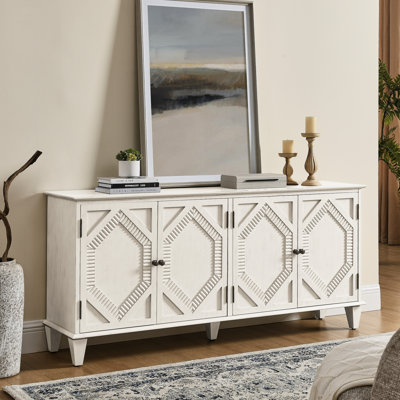 Buffet de 165 cm avec rangement, design géométrique, poignées en laiton, idéal pour la maison, surface lisse facile à nettoyer, pieds réglables pour un équilibre parfait.