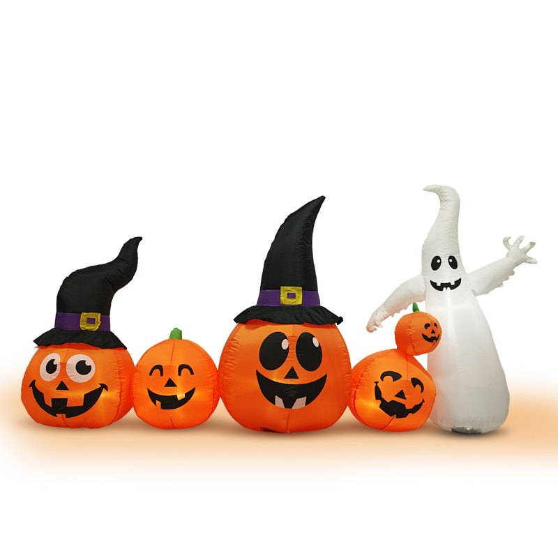 94" W Lighted Self-Inflating Halloween Pumpkin Family with Ghost Inflatable 