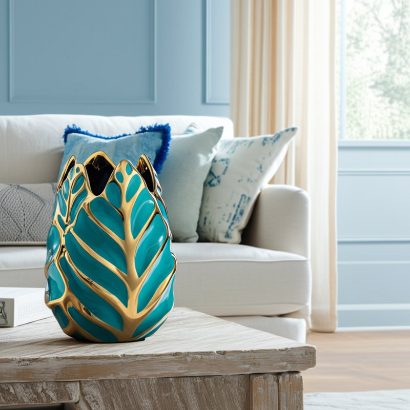 Karla Modern Stoneware Ceramic Vase with Textured Decorative Design, Turq/Teal
