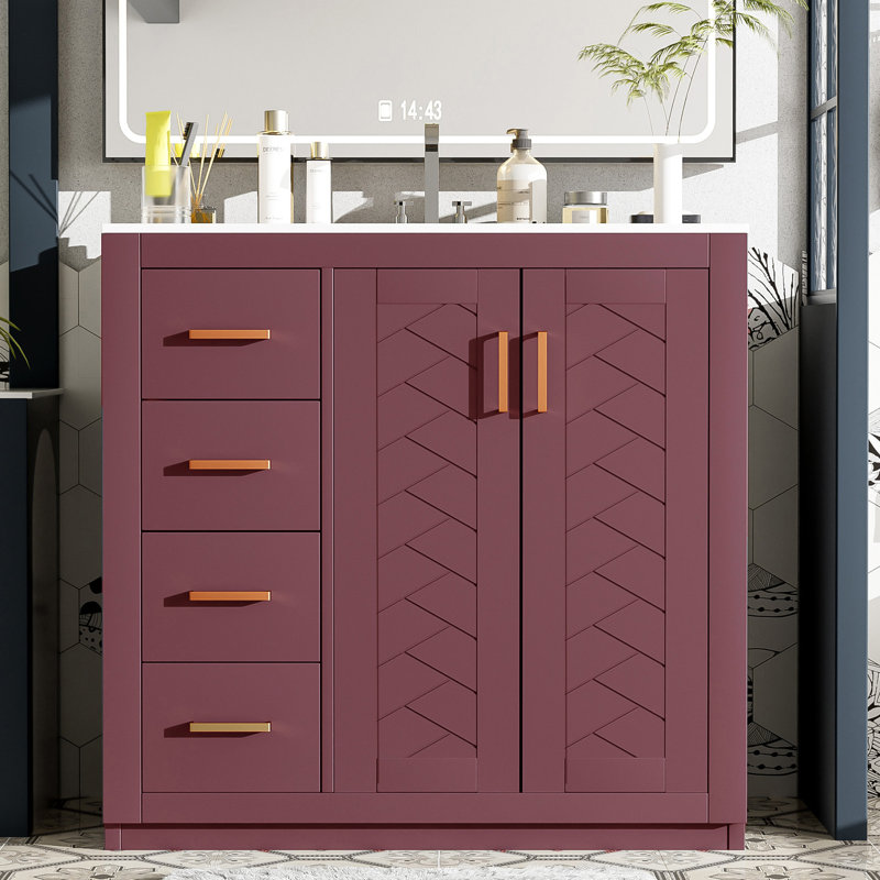 Meuble-lavabo 36 po avec lavabo en céramique, Rose, Doré