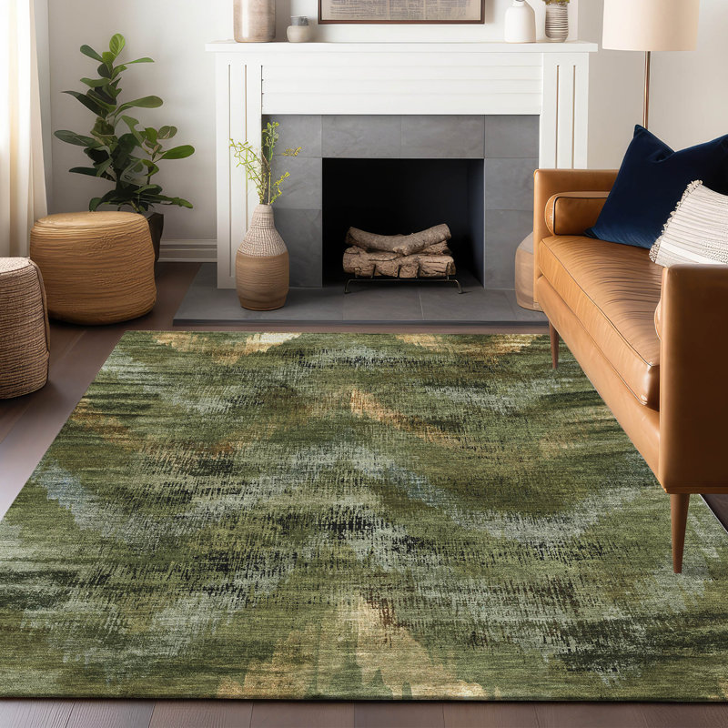 Tapis olive Prisco lavable à la machine de qualité supérieure, Rectangle 5 pi x 7 pi 6 po