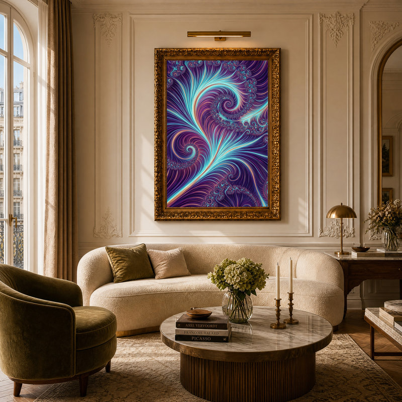 Toile murale en spirales fractales violettes et cyan, H 24 po x l 16 po