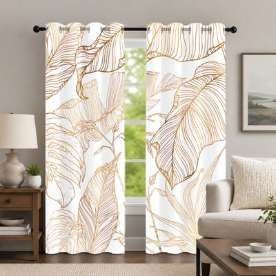 2Pcs Gold Leaf Print Curtains, Minimalist Botanical Style Curtain, Elegant Line Art Tropical Plant Patterned Grommet Drapes, Window Treatment for Bedroom Living Room Decor