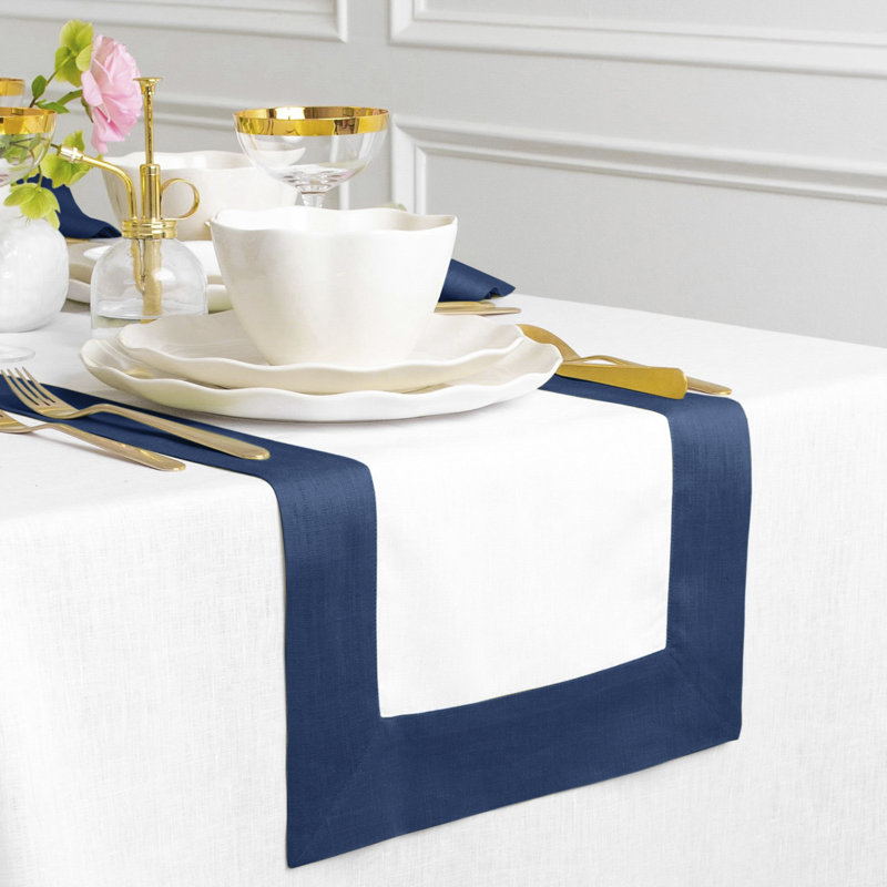 Contempo - 100% Pure Linen Table Runner, 108" x 14", Indigo Blue/White