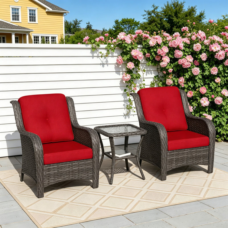 2-Person Outdoor Patio Conversation Rattan Seating Group With 1 Coffee Table,2 Armchairs and Beige Cushions, Beige