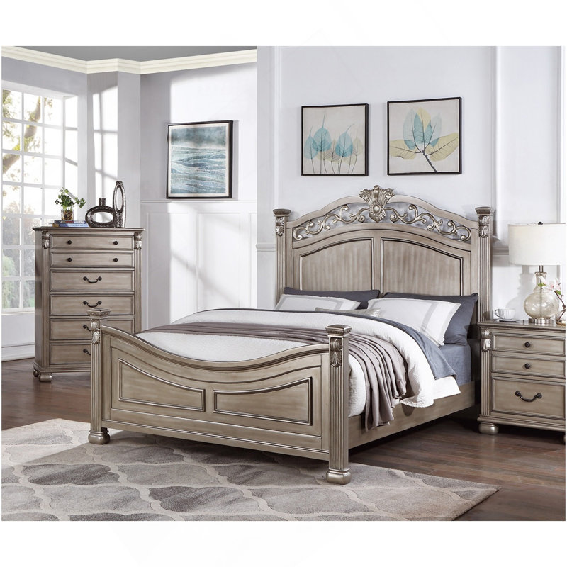 Cadre de lit avec tête de lit de conception formelle et traditionnelle en argent antique pour grand lit 1pc, Grand lit