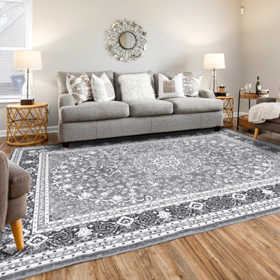 5'X7' Washable Vintage Boho Floral Area Rugs Super Soft Faux-Wool Non-Slip Low Pile Grey White