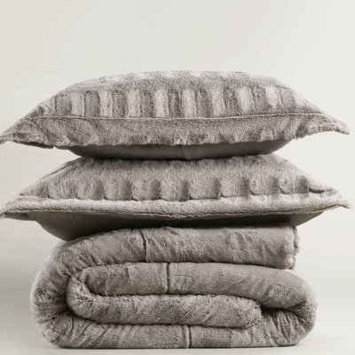 Gray Full/Queen Solid Faux Fur Comforter With 2 Shams, Stylish Fur, , Tumble Dry Low For Result 3 Pcs Mini In Full/Queen, Filling, - Inch Flange Box Sewn