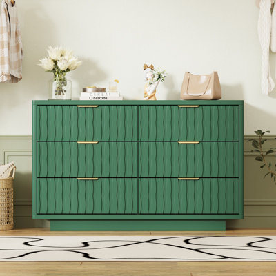 Commode à 6 tiroirs cannelés pour chambre à coucher, commode large moderne avec poignée en métal, conception à profil incurvé, rangement en bois pour garde-robe de chambre à coucher, salon, couloir