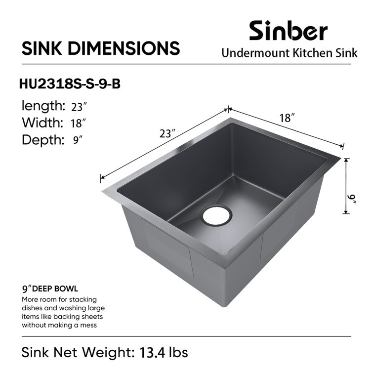 Sinber HU2318S-B-9W 23 x 18 Undermount Single Bowl Kitchen Sink with 18 Gauge 304 Stainless Steel Black Finish Wayfair