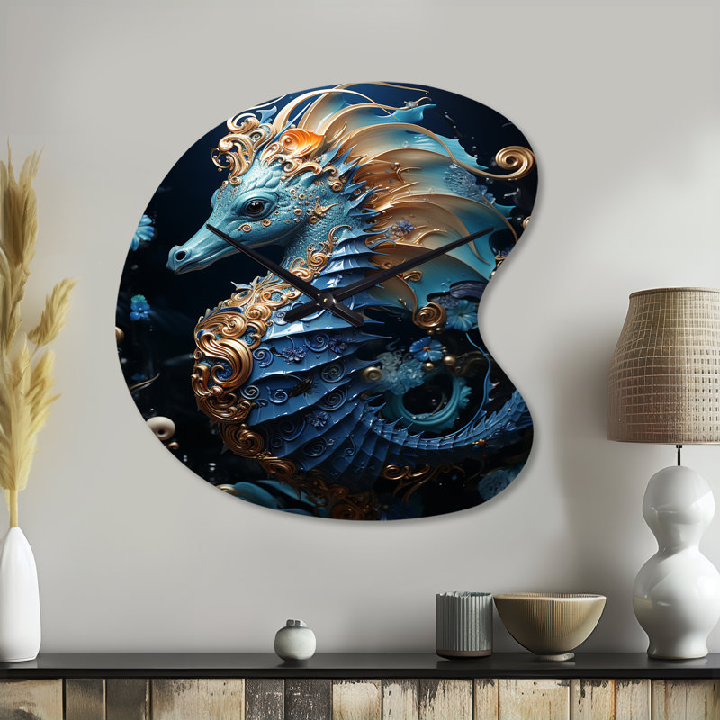 Sapphire Seahorse Delicate Drips II - Horloge murale en forme d'hippocampe, Grand