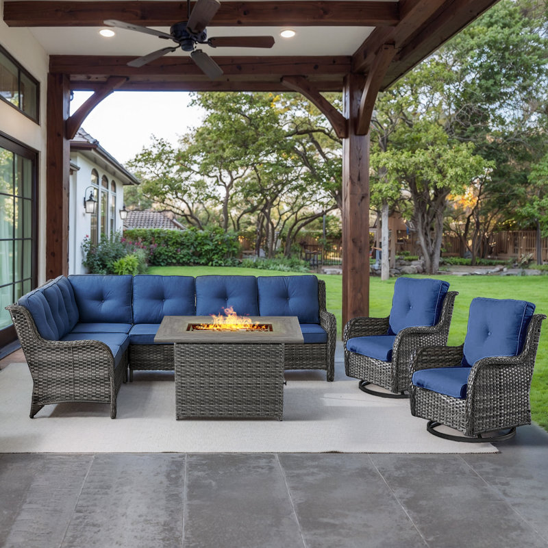 Dahlyla 8- Person Outdoor PE Wicker Sectional Seating Group with Fire Pit Table and Cushions, Gray, Blue