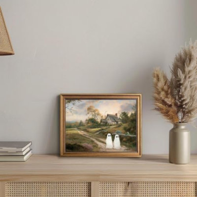 Art mural encadré doré rétro d'Halloween, décoration murale paysage rustique, art mural mignon fantôme, esthétique d'Halloween (16 po x 20 po)