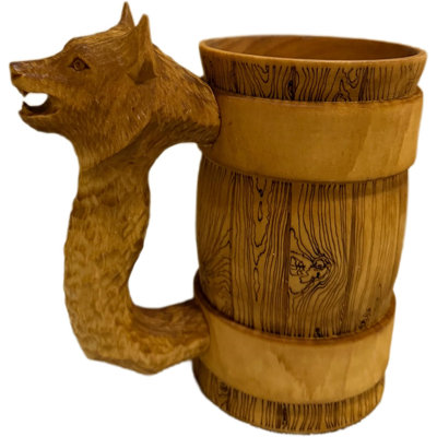 Victoria Bella Wooden Mug with carved handle Wolf 24 oz (700ml), Mug for Beer, Kvass and Cold Drinks, 100% Handmade