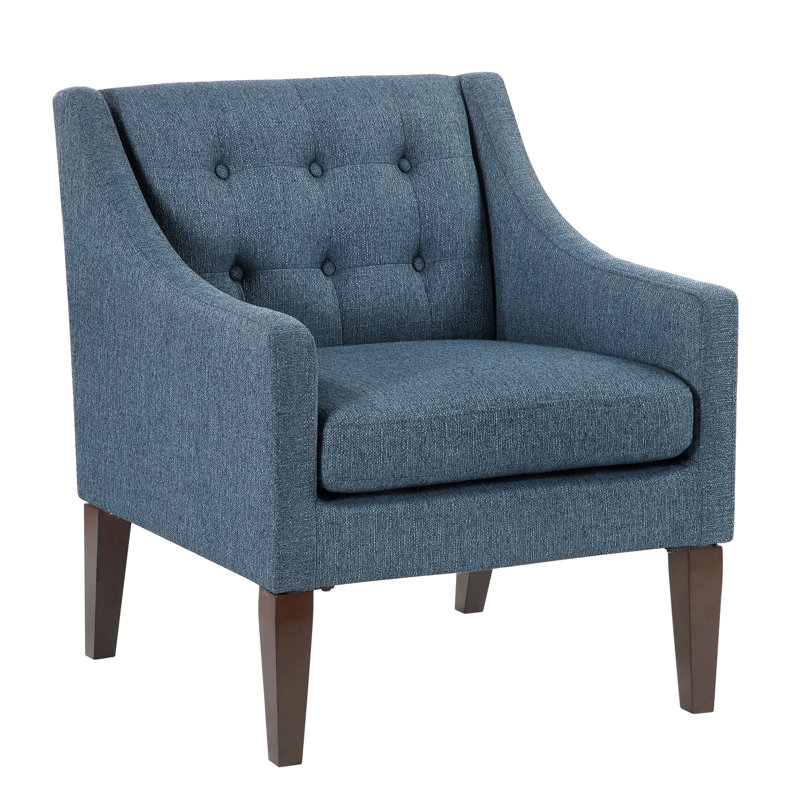 Fauteuil d'appoint bleu tendance dans la décoration intérieure, structure en contreplaqué, revêtement en boutons, sièges en mousse haute, coussins réversibles, housse à fermeture à glissière, pieds en bois d'hévéa brun, salon élégant de poids maximal de 300 lb