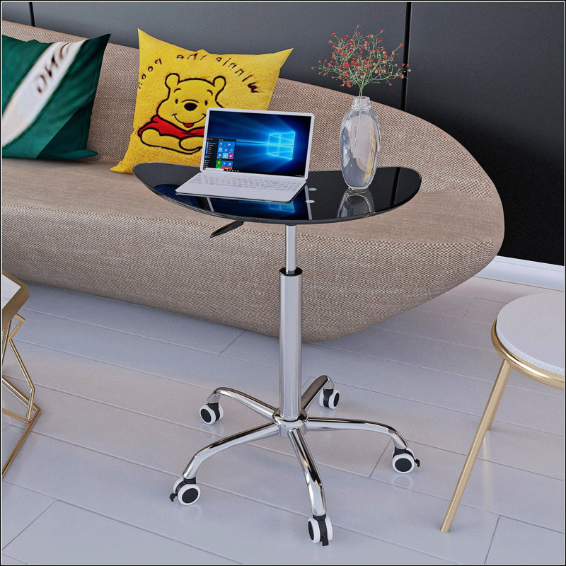Adjustable Height Tempered Glass Table Desk Table With Lockable Wheels, Black