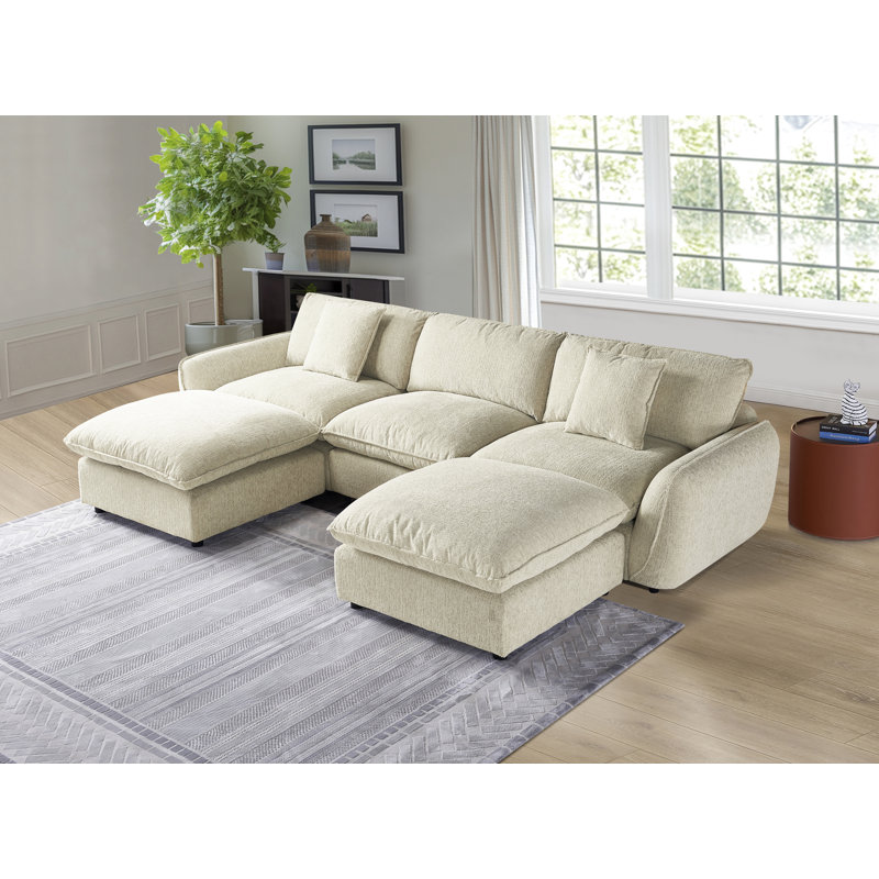 U-Shaped Modular Sectional With Ottoman, Light Brown Polyester Blend