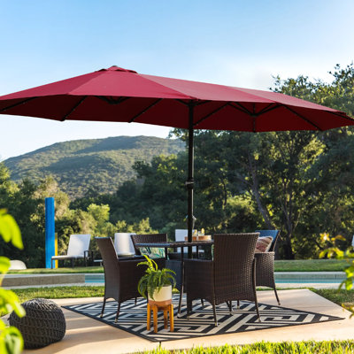 Parasol de patio extérieur double avec base 15x9ft - rouge. Très grand abat-jour pour la cour, la plage. Auvent, construction, manivelle facile, marché de l'évent et très grand jardin, piscine.
