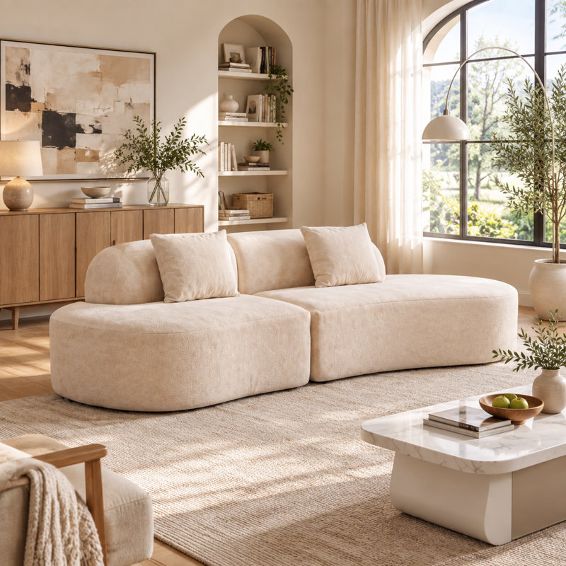 Canapé d'angle modulaire incurvé de 244 cm (96 po), en tissu éponge de coton et lin moelleux - Aucun assemblage requis, beige