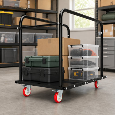 Chariot de manutention 2 en 1 en acier noir robuste, réglable, à plusieurs fentes et à plateau, avec roulettes pivotantes en PU à 360°, double frein et rails amovibles pour cloisons sèches, contreplaqué, meubles et entrepôt.