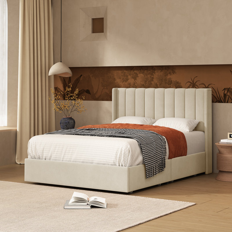Lit plateforme avec rangement Jeilyn, Crème, Simple