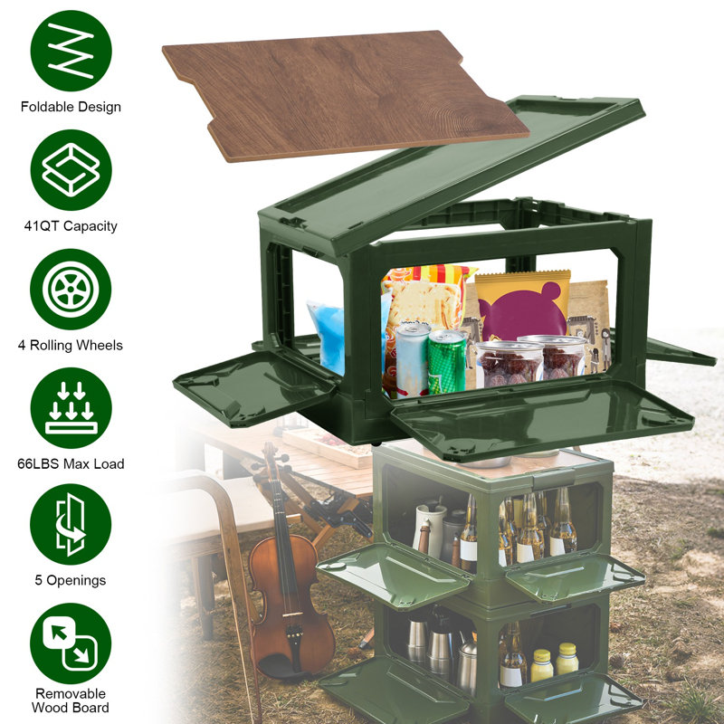 Boîte de rangement pliante pour camping Boîte de rangement pliable Panier de rangement empilable Tablette avec panier à découper Couvercle supérieur 4 portes verrouillables latérales