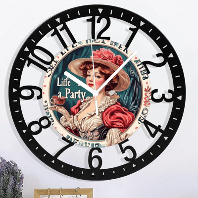 Metal Wall Clock for Living Room -10" Liffes A Party Sign Woman Teacup Silent Non Ticking,Battery Operated, Antique Clocks for Farmhouse,Bedroom,Kitchen - Arabic Numerals