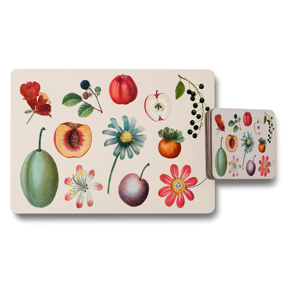 Fruit and Floral Placemat and Coaster Set Botanical Illustration
