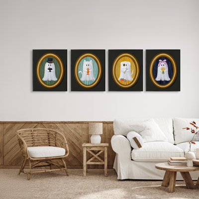 Halloween, fantômes et animaux de compagnie, ensemble de 4 giclées encadrées, design par Jennifer Stith