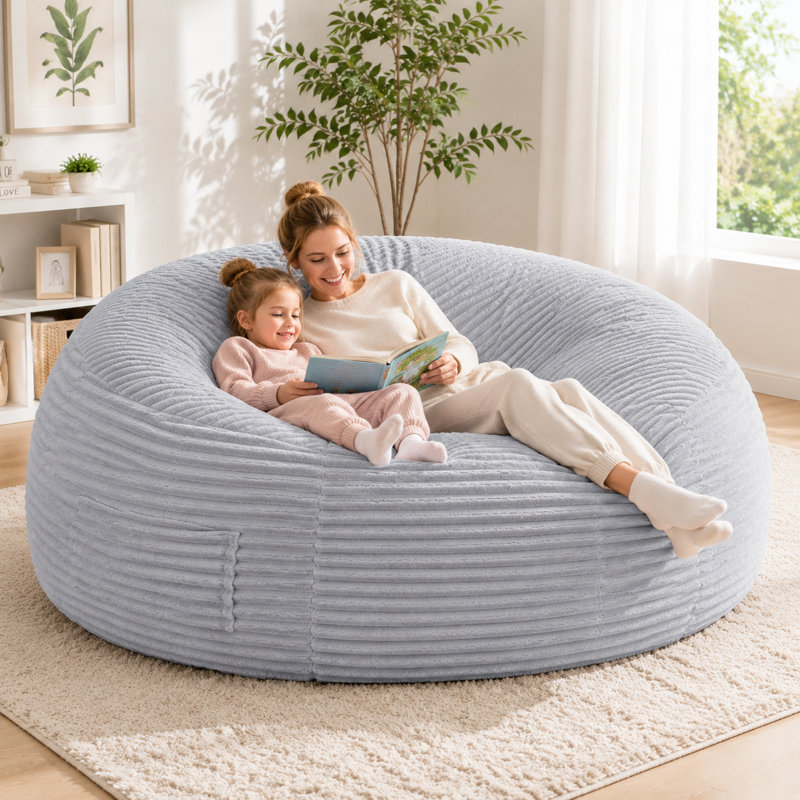 71" Giant Foam Bean Bag Chair, Oversized Round Chaise Lounge with Side Pocket for Kids, Teens, Adults, Gray, Gray Corduroy