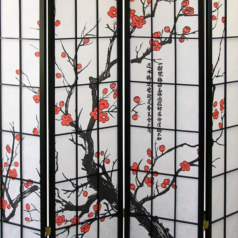 Cloison de 70 po de hauteur avec finition noire et charmantes silhouettes de fleurs de prunier - ajouter de l'intimité