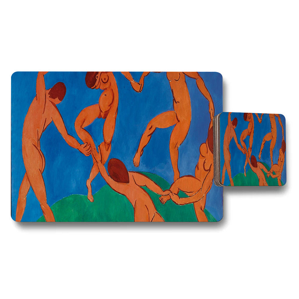 Placemat and Coaster Set Orange Nude Figures Art on Blue Background