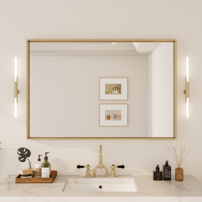 Rectangular Straight-Angled Aluminum Framed Wall-Mounted Bathroom Mirror In Gold