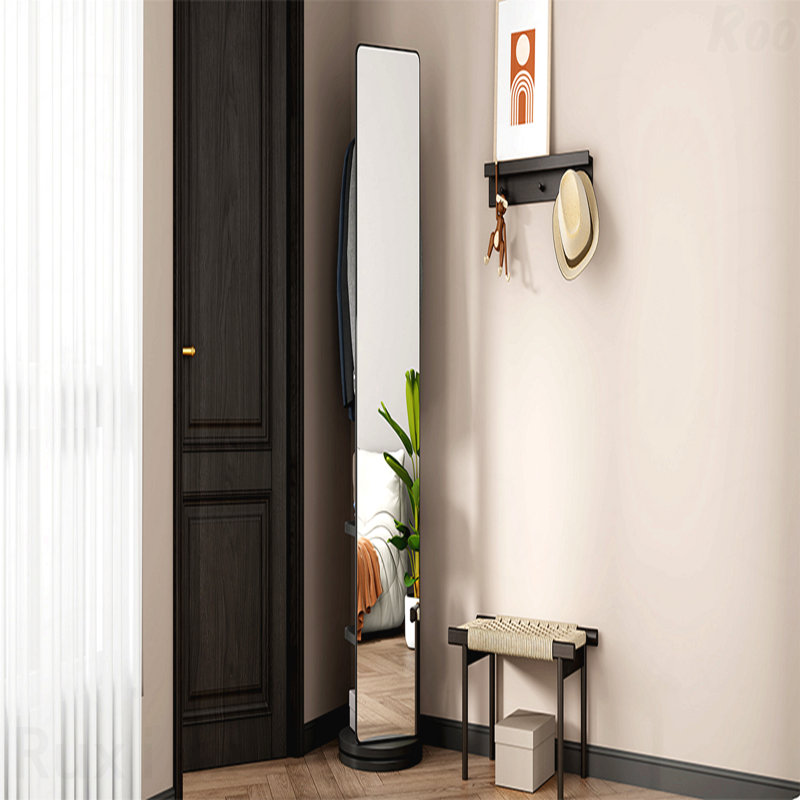 69"X16" 360掳 Rotating Solid Wood Full-Length Accent Mirror - Hook Storage Rack Coat Rack, Black, 68.8" x 19.69"