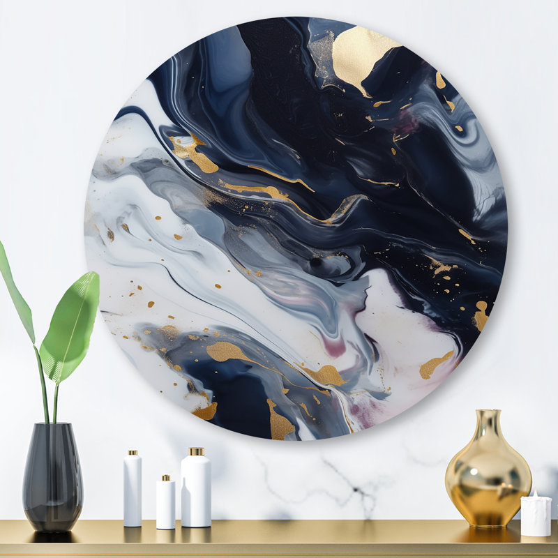 «Blue and White Enigmatic Stones IV», art mural rond en marbre abstrait, H 29 po x l 29 po x P 1 po