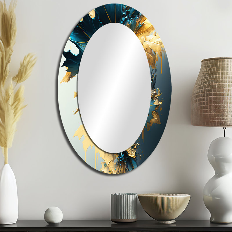 Abstract Blue And Gold Leaves II - Large Oval Wall Mirror On Metal, 36" x 24"