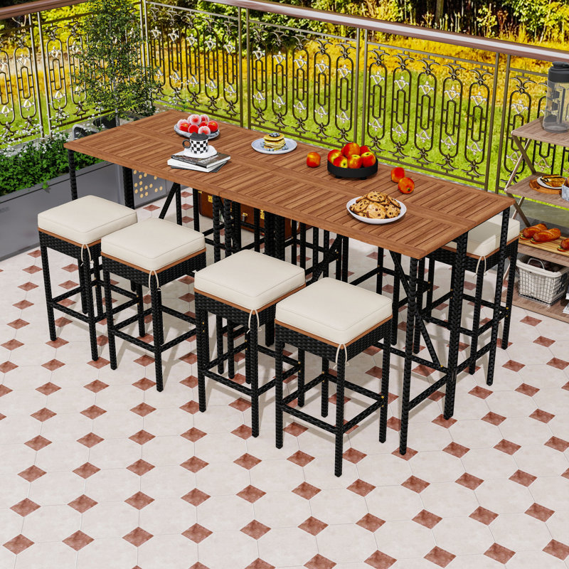 Table de bar d'extérieur en bois avec 8 tabourets