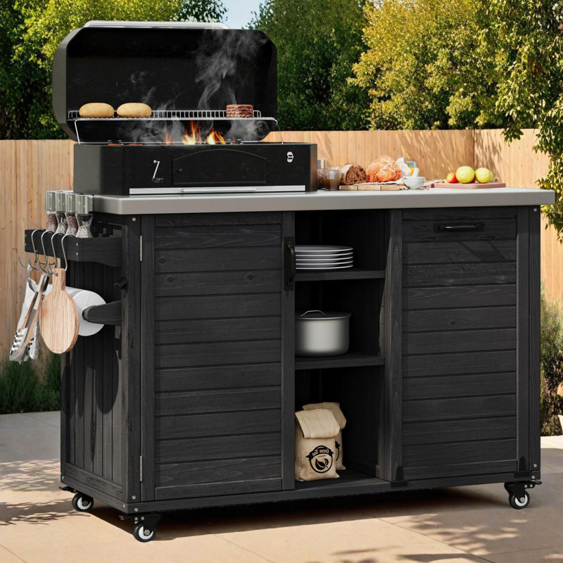 Outdoor Kitchen Island with Foldable Grill Table, Grill Cart with Trash Storage & Stainless Top, Black