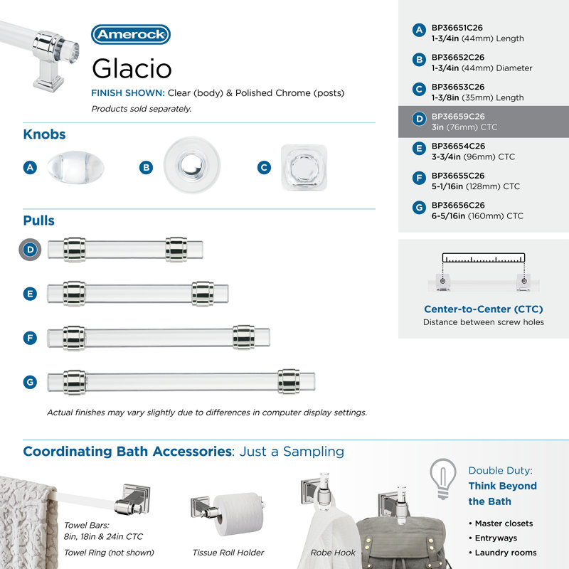 Glacio Bar Pull, Clear/Polished Chrome, 3"