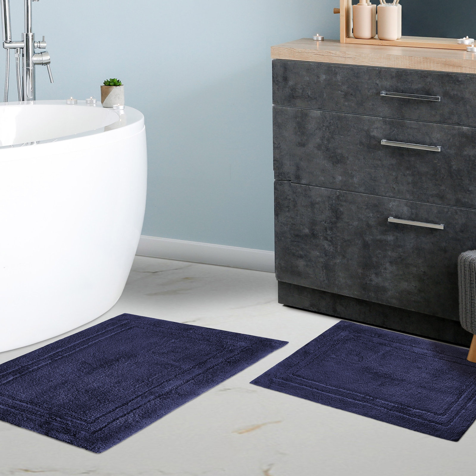 Cotton Bath Rug, Solid Navy Blue