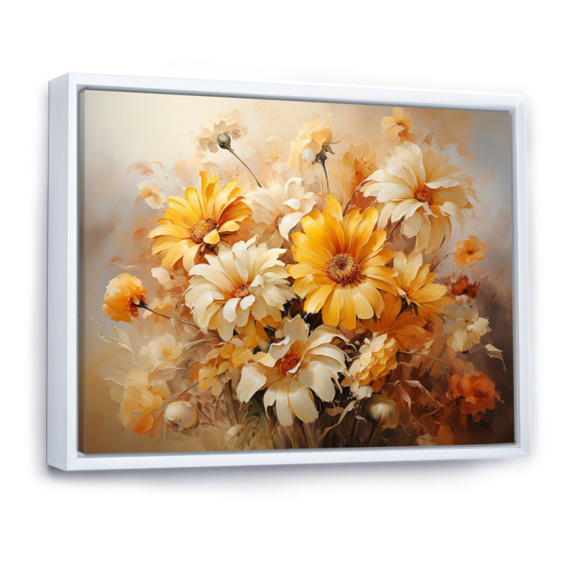Impression romantique sur toile, tournesols beiges beige IV, Cadre flottant blanc, H 12 po x l 20 po x P 1 po